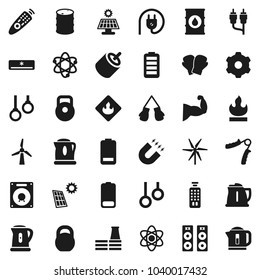 Flat vector icon set - kettle vector, atom, magnet, weight, hand trainer, muscule, boxing glove, gymnast rings, flammable, oil barrel, remote control, battery, rca, gear, solar panel, windmill