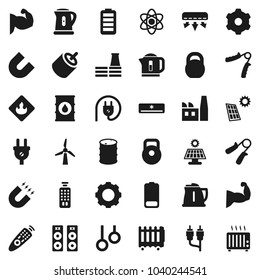 Flat vector icon set - kettle vector, atom, magnet, weight, hand trainer, muscule, gymnast rings, flammable, oil barrel, remote control, battery, rca, gear, solar panel, windmill, air conditioner