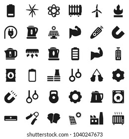 Flat vector icon set - kettle vector, atom, magnet, weight, hand trainer, muscule, boxing glove, gymnast rings, flammable, oil barrel, remote control, battery, gear, solar panel, windmill, factory