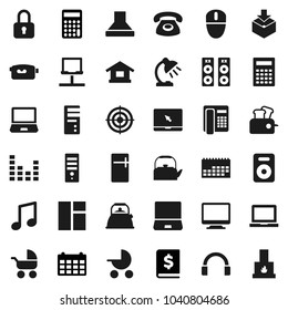 Flat vector icon set - kettle vector, table lamp, calculator, notebook pc, music, annual report, calendar, target, package, equalizer, video camera, headphones, speaker, network, phone, lock, fridge