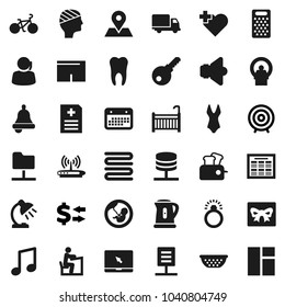 Flat vector icon set - kettle vector, colander, towel, grater, student, bell, table lamp, schedule, music, exchange, target, bike, shorts, swimsuite, heart cross, map pin, support, delivery, speaker