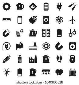 Flat vector icon set - kettle vector, atom, magnet, weight, hand trainer, muscule, boxing glove, gymnast rings, flammable, oil barrel, remote control, battery, rca, gear, solar panel, windmill