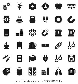 Flat vector icon set - kettle vector, atom, magnet, weight, hand trainer, muscule, boxing glove, gymnast rings, flammable, oil barrel, remote control, battery, rca, gear, solar panel, windmill