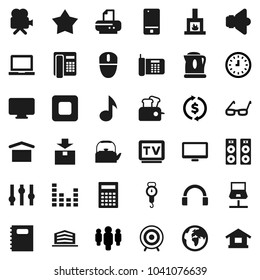Flat vector icon set - kettle vector, scales, copybook, glasses, calculator, notebook pc, music, exchange, clock, man, target, earth, dry cargo, package, speaker, settings, equalizer, tv, headphones