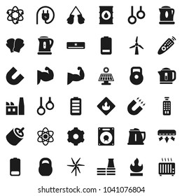 Flat vector icon set - kettle vector, atom, magnet, weight, muscule hand, boxing glove, gymnast rings, flammable, oil barrel, remote control, battery, rca, gear, solar panel, windmill, factory