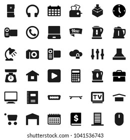 Flat vector icon set - kettle vector, scales, copybook, table lamp, case, annual report, calculator, clock, calendar, skateboard, dry cargo, package, settings, tv, video camera, headphones, hdmi