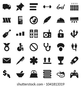 Flat vector icon set - kettle vector, towel, dish, mushroom, pen, glasses, paper pin, dollar cursor, barbell, medal, prohibition sign, glass, top, sorting, radio, rca, jack, ambulance star, disabled