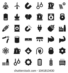 Flat vector icon set - kettle vector, atom, magnet, weight, hand trainer, muscule, boxing glove, gymnast rings, flammable, oil barrel, remote control, battery, rca, gear, solar panel, windmill