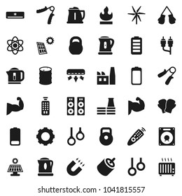Flat vector icon set - kettle vector, atom, magnet, weight, hand trainer, muscule, boxing glove, gymnast rings, flammable, oil barrel, remote control, battery, rca, gear, solar panel, windmill