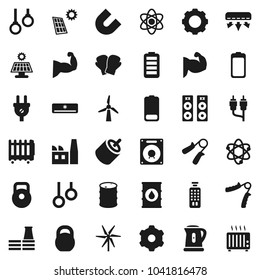 Flat vector icon set - kettle vector, atom, magnet, weight, hand trainer, muscule, boxing glove, gymnast rings, oil barrel, remote control, battery, rca, gear, solar panel, windmill, air conditioner