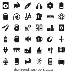 Flat vector icon set - kettle vector, atom, magnet, weight, hand trainer, muscule, boxing glove, gymnast rings, flammable, oil barrel, remote control, battery, rca, gear, solar panel, windmill