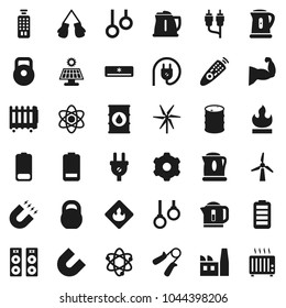 Flat vector icon set - kettle vector, atom, magnet, weight, hand trainer, muscule, boxing glove, gymnast rings, flammable, oil barrel, remote control, battery, rca, gear, solar panel, windmill