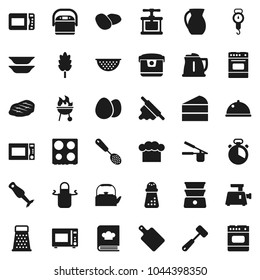 Flat vector icon set - kettle vector, colander, scales, cook hat, apron, timer, press, skimmer, rolling pin, meat hammer, cutting board, hand mill, grater, microwave oven, double boiler, cookbook