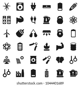 Flat vector icon set - kettle vector, atom, weight, hand trainer, muscule, boxing glove, gymnast rings, flammable, oil barrel, remote control, battery, rca, solar panel, windmill, air conditioner