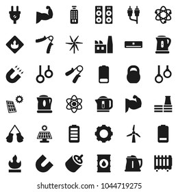 Flat vector icon set - kettle vector, atom, magnet, weight, hand trainer, muscule, boxing glove, gymnast rings, flammable, oil barrel, remote control, battery, rca, gear, solar panel, windmill