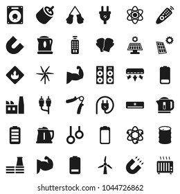 Flat vector icon set - kettle vector, atom, magnet, hand trainer, muscule, boxing glove, gymnast rings, flammable, oil barrel, remote control, battery, rca, solar panel, windmill, air conditioner