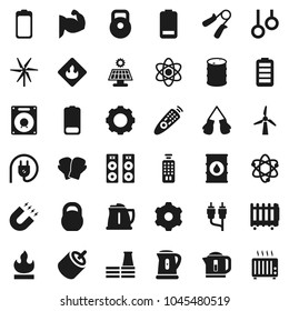 Flat vector icon set - kettle vector, atom, magnet, weight, hand trainer, muscule, boxing glove, gymnast rings, flammable, oil barrel, remote control, battery, rca, gear, solar panel, windmill