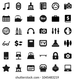Flat vector icon set - kettle vector, copybook, glasses, case, music, world, exchange, annual report, man, calendar, skateboard, stadium, package, camera, settings, tv, internet, mobile phone, lock