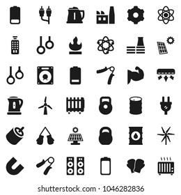 Flat vector icon set - kettle vector, atom, magnet, weight, hand trainer, muscule, boxing glove, gymnast rings, flammable, oil barrel, remote control, battery, rca, gear, solar panel, windmill
