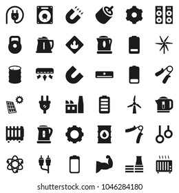 Flat vector icon set - kettle vector, atom, magnet, weight, hand trainer, muscule, gymnast rings, flammable, oil barrel, battery, rca, gear, solar panel, windmill, air conditioner, factory, speaker