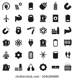 Flat vector icon set - kettle vector, atom, magnet, weight, hand trainer, muscule, boxing glove, oil barrel, remote control, battery, rca, gear, solar panel, windmill, air conditioner, factory