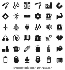 Flat vector icon set - kettle vector, atom, magnet, weight, hand trainer, muscule, boxing glove, gymnast rings, flammable, oil barrel, remote control, battery, gear, solar panel, windmill, factory