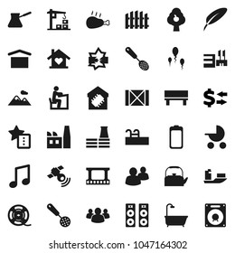 Flat vector icon set - kettle vector, skimmer, turk coffee, chicken leg, pen, student, music, exchange, ship, wood box, dry cargo, film frame, spool, satellitie, group, battery, sperm, disconnection