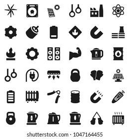 Flat vector icon set - kettle vector, atom, magnet, weight, hand trainer, muscule, boxing glove, gymnast rings, flammable, oil barrel, remote control, battery, rca, gear, solar panel, windmill