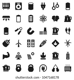 Flat vector icon set - kettle vector, atom, magnet, weight, hand trainer, muscule, boxing glove, gymnast rings, flammable, oil barrel, remote control, battery, rca, solar panel, windmill, factory