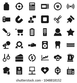 Flat vector icon set - kettle vector, ladle, microwave oven, jar, cake, calculator, paper pin, medal, magnet, exchange, graph, heart monitor, cross, gymnast rings, sea container, microphone, speaker