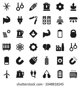 Flat vector icon set - kettle vector, atom, magnet, weight, hand trainer, muscule, boxing glove, gymnast rings, flammable, oil barrel, remote control, battery, rca, gear, solar panel, windmill
