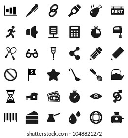 Flat vector icon set - kettle vector, skimmer, ladle, turk coffee, mixer, cake, chicken leg, pencil, glasses, pen, world, graph, sand clock, dollar flag, stopwatch, jump rope, molecule, run, money