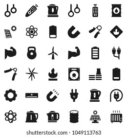 Flat vector icon set - kettle vector, atom, magnet, weight, hand trainer, muscule, gymnast rings, flammable, oil barrel, remote control, battery, rca, gear, solar panel, windmill, air conditioner
