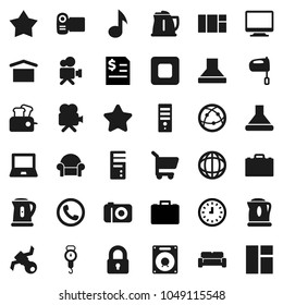Flat vector icon set - kettle vector, scales, mixer, case, notebook pc, music, world, annual report, clock, satellite, dry cargo, video camera, internet, stop button, lock, cushioned furniture, star