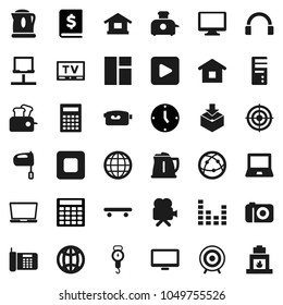 Flat vector icon set - kettle vector, scales, mixer, calculator, notebook pc, annual report, clock, skateboard, target, package, equalizer, tv, video camera, internet, headphones, monitor, stop