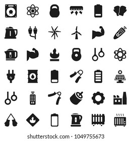 Flat vector icon set - kettle vector, atom, weight, hand trainer, muscule, boxing glove, gymnast rings, flammable, oil barrel, remote control, battery, rca, gear, solar panel, windmill, factory