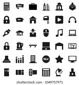 Flat vector icon set - kettle vector, mixer, table lamp, notebook pc, music, case, calculator, skateboard, package, equalizer, tv, video camera, headphones, monitor, play button, hdmi, barn, lock
