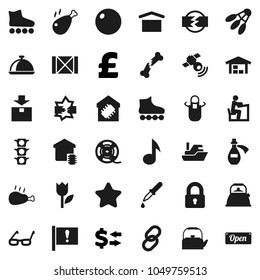 Flat vector icon set - kettle vector, apron, dish, chicken leg, glasses, student, music, exchange, pound, fitball, roller Skates, shuttlecock, attention, traffic light, ship, wood box, dry cargo
