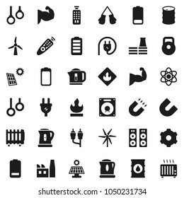 Flat vector icon set - kettle vector, atom, magnet, weight, muscule hand, boxing glove, gymnast rings, flammable, oil barrel, remote control, battery, rca, gear, solar panel, windmill, factory