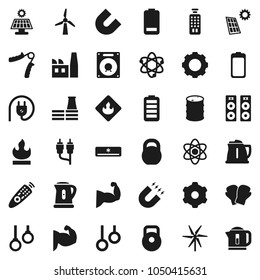 Flat vector icon set - kettle vector, atom, magnet, weight, hand trainer, muscule, boxing glove, gymnast rings, flammable, oil barrel, remote control, battery, rca, gear, solar panel, windmill