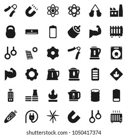 Flat vector icon set - kettle vector, atom, magnet, weight, hand trainer, muscule, boxing glove, gymnast rings, flammable, oil barrel, remote control, battery, rca, gear, solar panel, windmill