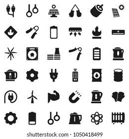 Flat vector icon set - kettle vector, atom, magnet, hand trainer, muscule, boxing glove, gymnast rings, flammable, oil barrel, remote control, battery, rca, gear, solar panel, windmill, factory