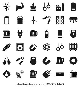 Flat vector icon set - kettle vector, atom, magnet, weight, hand trainer, muscule, boxing glove, gymnast rings, flammable, oil barrel, remote control, battery, rca, gear, solar panel, windmill