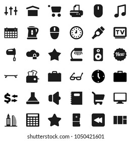 Flat vector icon set - kettle vector, mixer, copybook, glasses, case, table lamp, music, exchange, calculator, clock, skateboard, calendar, dry cargo, speaker, settings, tv, monitor, backward button
