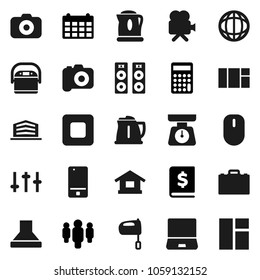 Flat vector icon set - kettle vector, scales, mixer, case, world, annual report, calculator, man, calendar, camera, settings, video, mobile phone, notebook pc, stop button, office building, hood