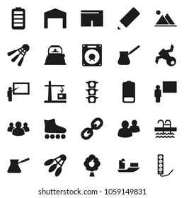 Flat vector icon set - kettle vector, turk coffee, pencil, blackboard, shorts, roller Skates, shuttlecock, pool, satellite, traffic light, ship, link, group, battery, fruit tree, mountain, barn