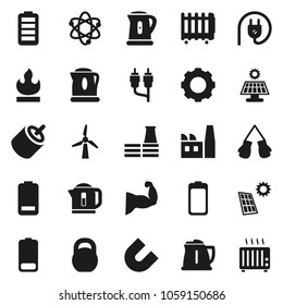Flat vector icon set - kettle vector, atom, magnet, weight, muscule hand, boxing glove, flammable, battery, rca, gear, solar panel, windmill, factory, power plug, heater