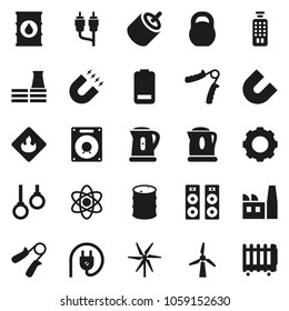 Flat vector icon set - kettle vector, atom, magnet, weight, hand trainer, gymnast rings, flammable, oil barrel, remote control, battery, rca, gear, windmill, factory, power plug, speaker, heater
