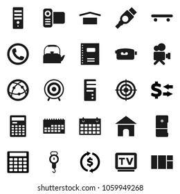 Flat vector icon set - kettle vector, scales, copybook, calculator, exchange, skateboard, target, calendar, dry cargo, tv, video camera, internet, hdmi, phone, fridge, computer, home, window
