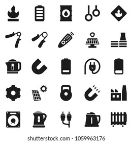 Flat vector icon set - kettle vector, magnet, weight, hand trainer, gymnast rings, flammable, oil barrel, remote control, battery, rca, gear, solar panel, factory, power plug, speaker, heater